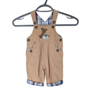 Kitestrings by Hartstrings  Baby Tan Corduroy/Plaid Teddy Bear Overalls Size 0/3